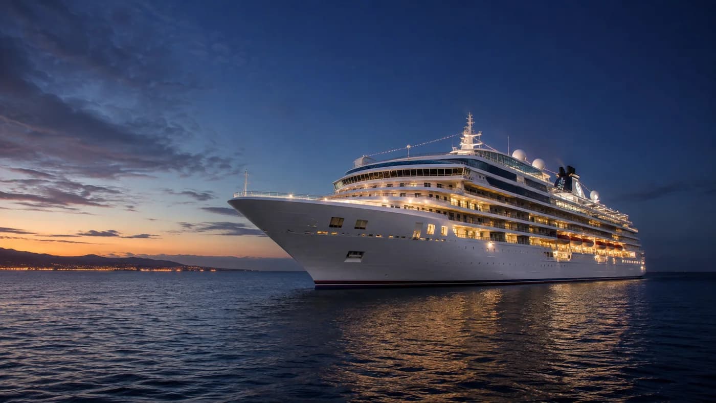 Illustrative concept image of a premium cruise ship at sea at blue hour