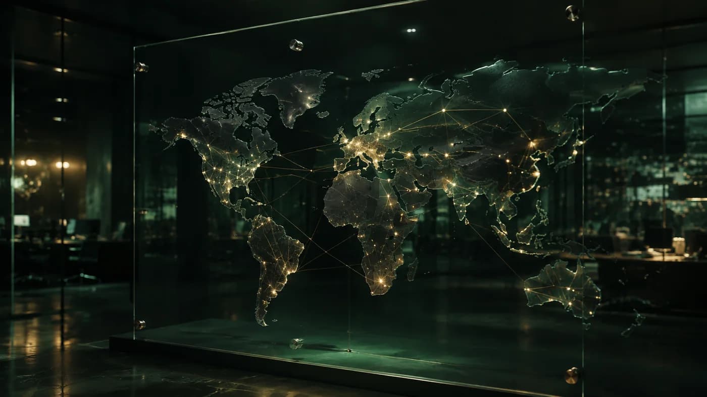 Illustrative image of a connected world-map installation in a technology studio