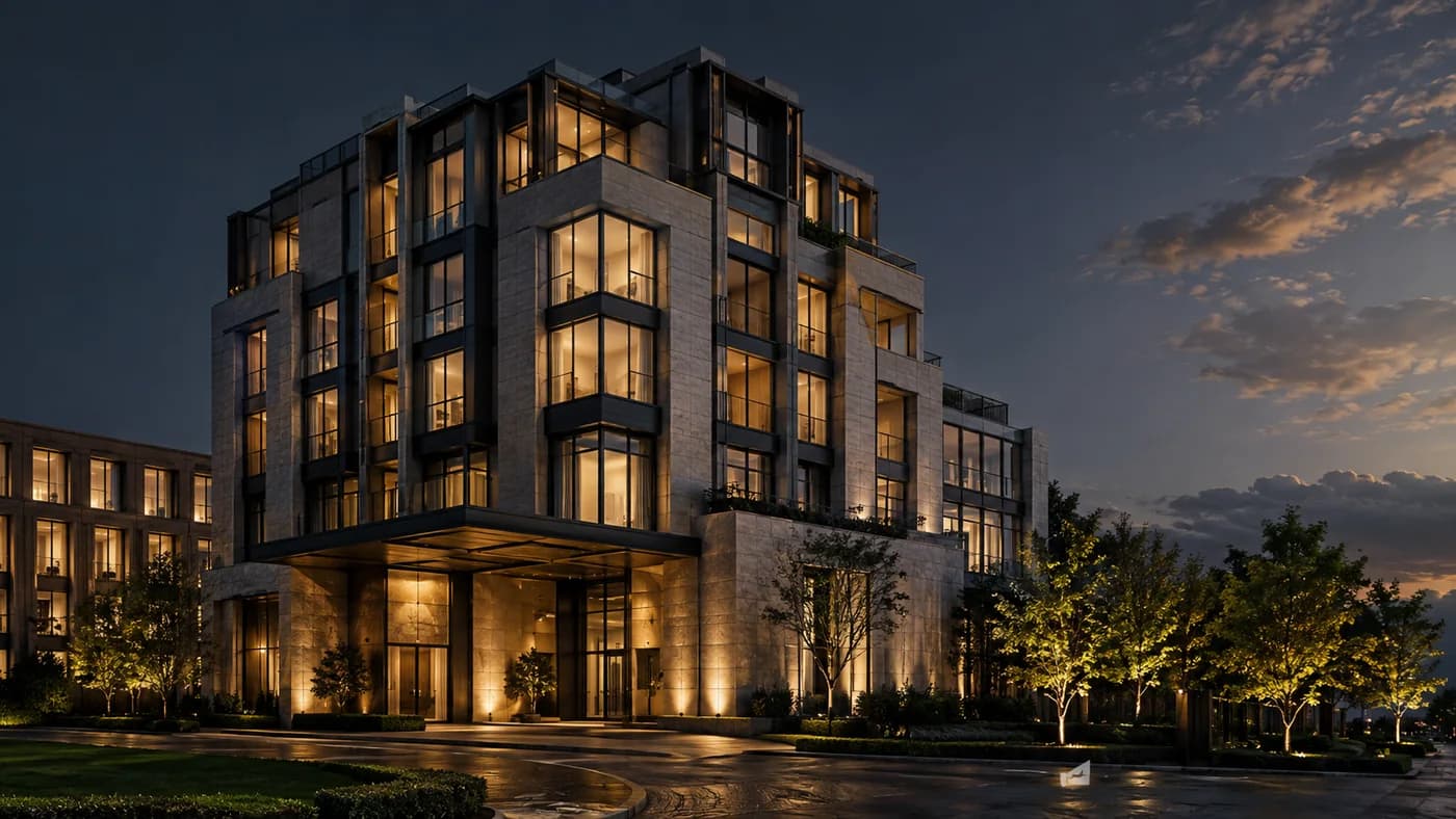 Illustrative image of a premium contemporary property at dusk
