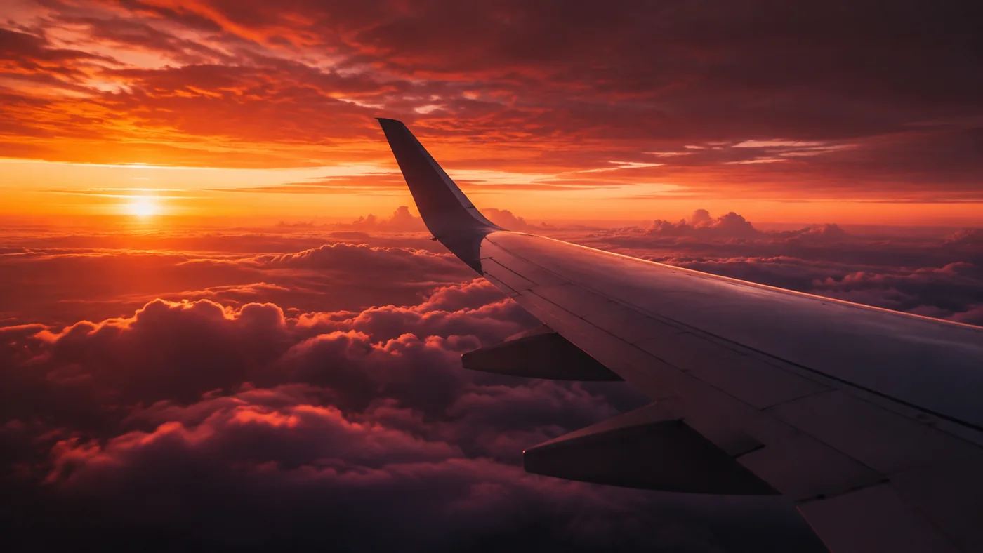 Illustrative travel image of an aircraft wing above clouds at sunset